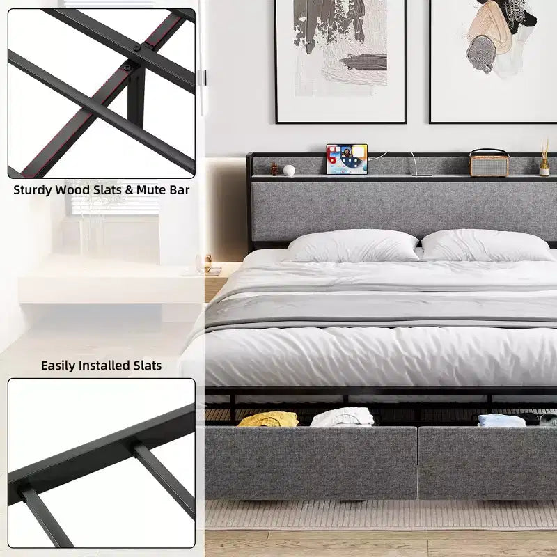 Struttura letto King Size con piattaforma, 2 cassetti portaoggetti e testiera imbottita, grigio