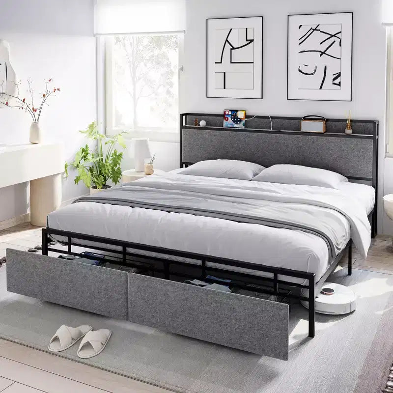 Struttura letto King Size con piattaforma, 2 cassetti portaoggetti e testiera imbottita, grigio