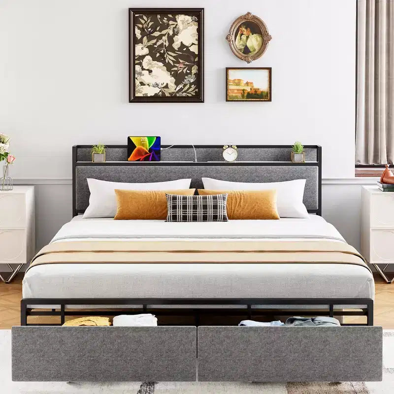 Struttura letto King Size con piattaforma, 2 cassetti portaoggetti e testiera imbottita, grigio