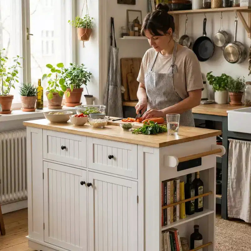Carrello da cucina con isola, anta a ribalta e vano portaoggetti