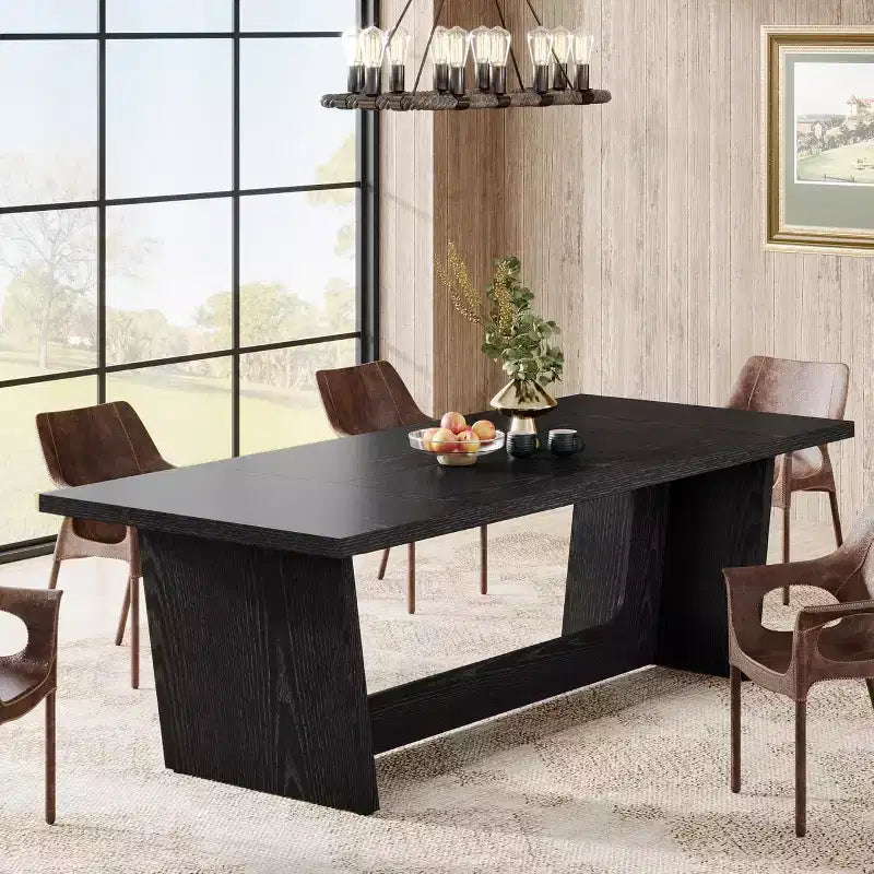 Lantine 70.87-Inch Large Rectangular Wood Dining Table for 6-8, Farmhouse Style with Solid Pedestal, Black Kitchen Dinner Table.