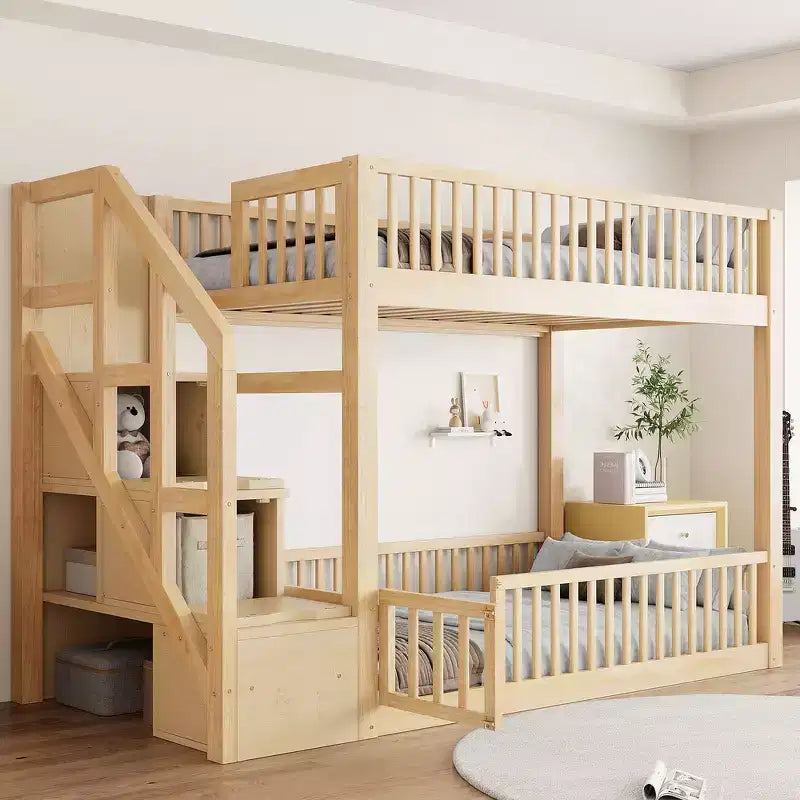 Whisen Twin over Twin Floor Bunk Bed& Bed Frame with Fence-Shaped Guardrails, Ladder with Storage