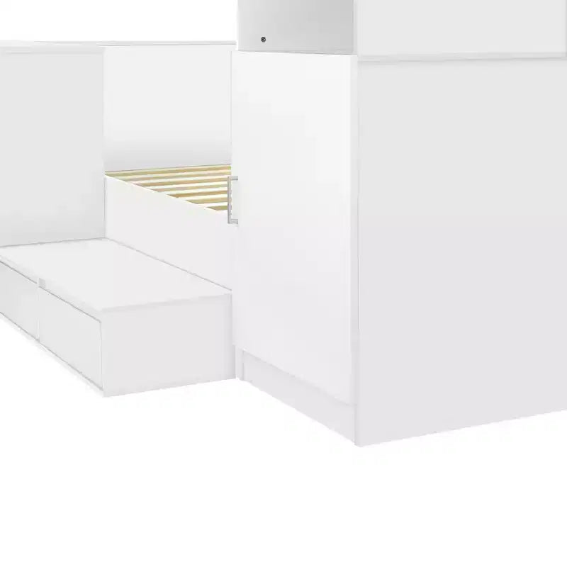 Letto a una piazza e mezza con contenitore, scrivania, 6 cassetti e armadietti