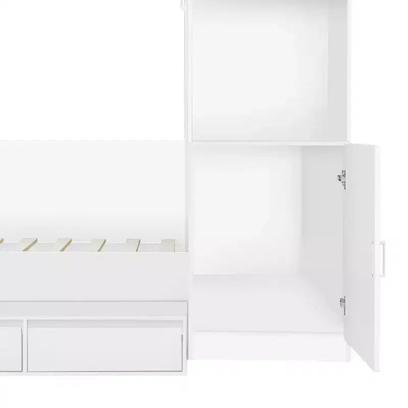 Letto a una piazza e mezza con contenitore, scrivania, 6 cassetti e armadietti