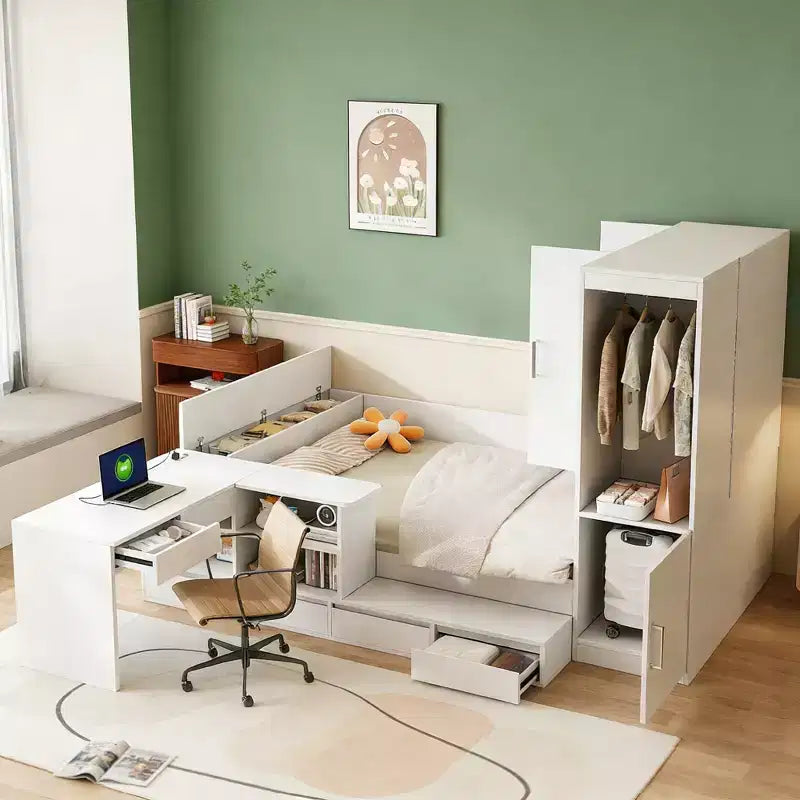 Letto a una piazza e mezza con contenitore, scrivania, 6 cassetti e armadietti