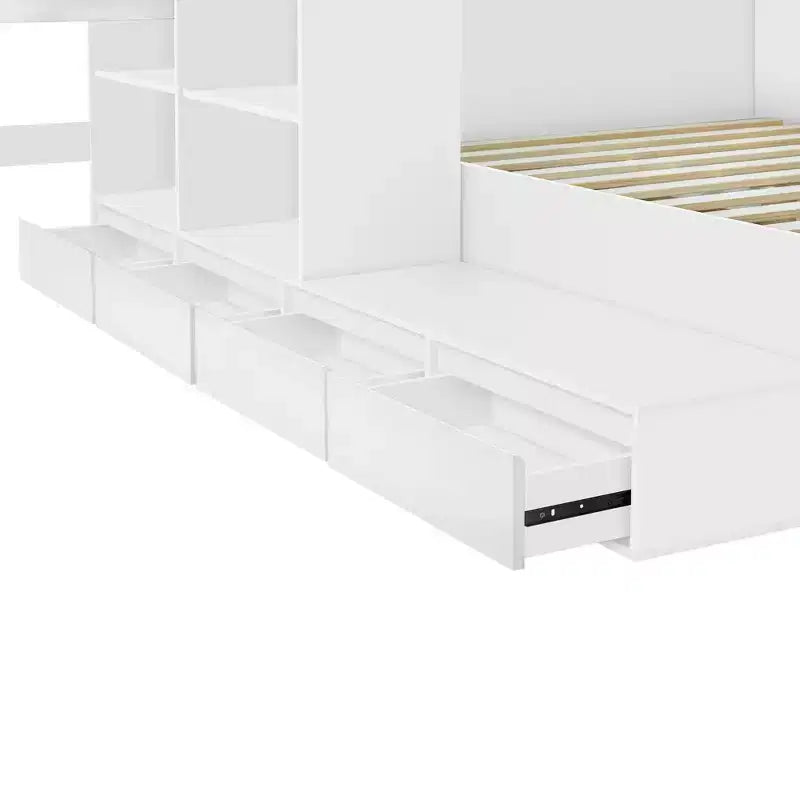 Letto a una piazza e mezza con contenitore, scrivania, 6 cassetti e armadietti