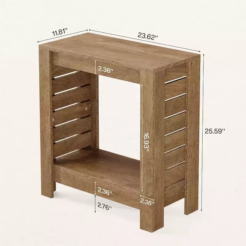 Tavolino laterale stretto a 2 ripiani in legno stile rustico con ripiano portaoggetti - Facile da montare
