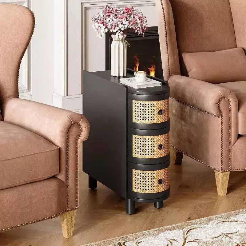 Lantine Rattan Narrow End Table with 3 Drawers: No Assembly, Solid Wood, Ideal for Living Room, Bedroom, Office, Bathroom, Black.