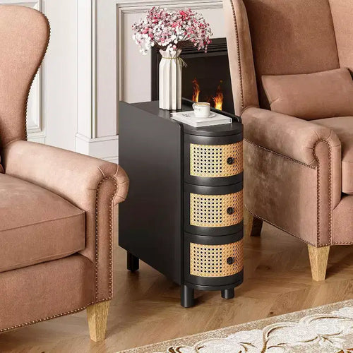Lantine Rattan Narrow End Table with 3 Drawers: No Assembly, Solid Wood, Ideal for Living Room, Bedroom, Office, Bathroom, Black.