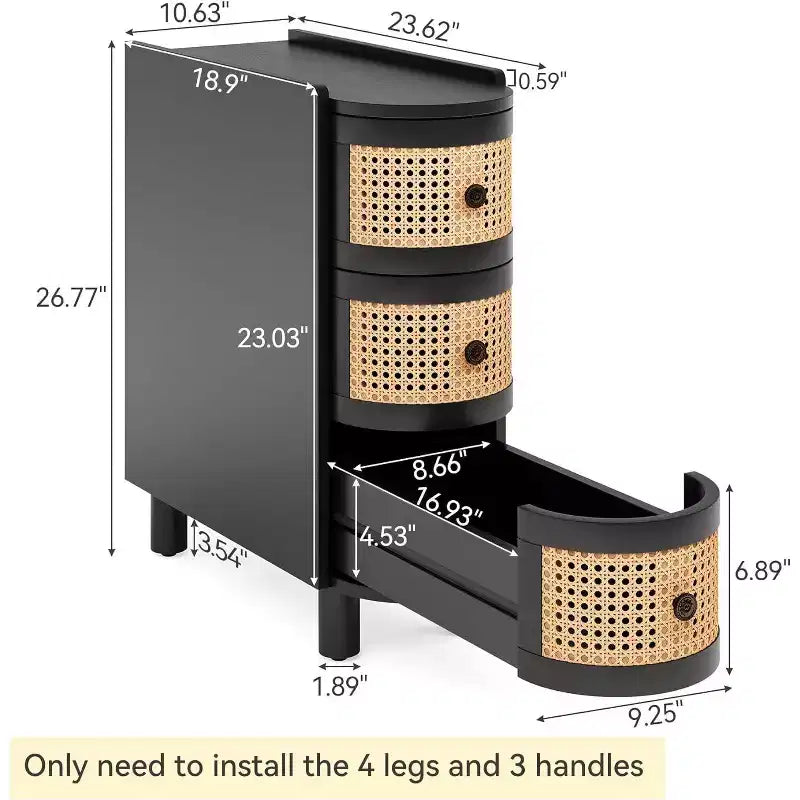 Tavolino stretto a 3 cassetti con pannelli frontali in rattan, nero