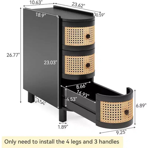 Tavolino stretto a 3 cassetti con pannelli frontali in rattan, nero