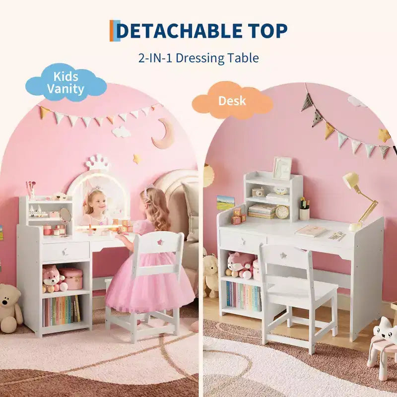 Tavolo da Trucco per Bambini e Set di Sedie con Specchio a LED