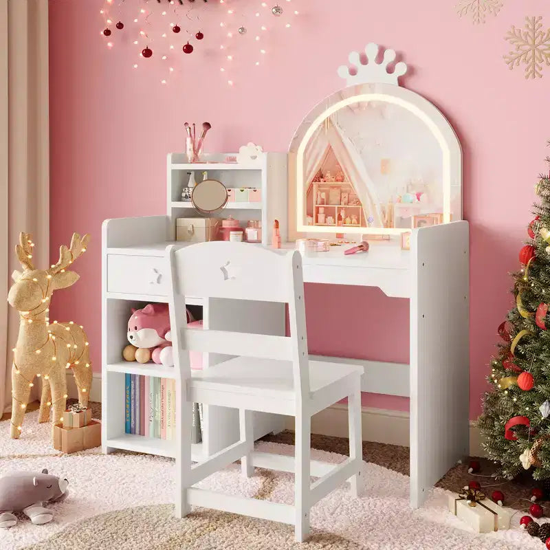 Tavolo da Trucco per Bambini e Set di Sedie con Specchio a LED