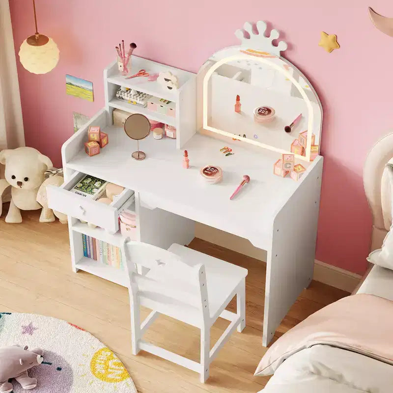 Tavolo da Trucco per Bambini e Set di Sedie con Specchio a LED
