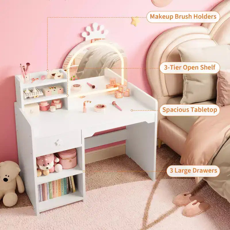 Tavolo da Trucco per Bambini e Set di Sedie con Specchio a LED