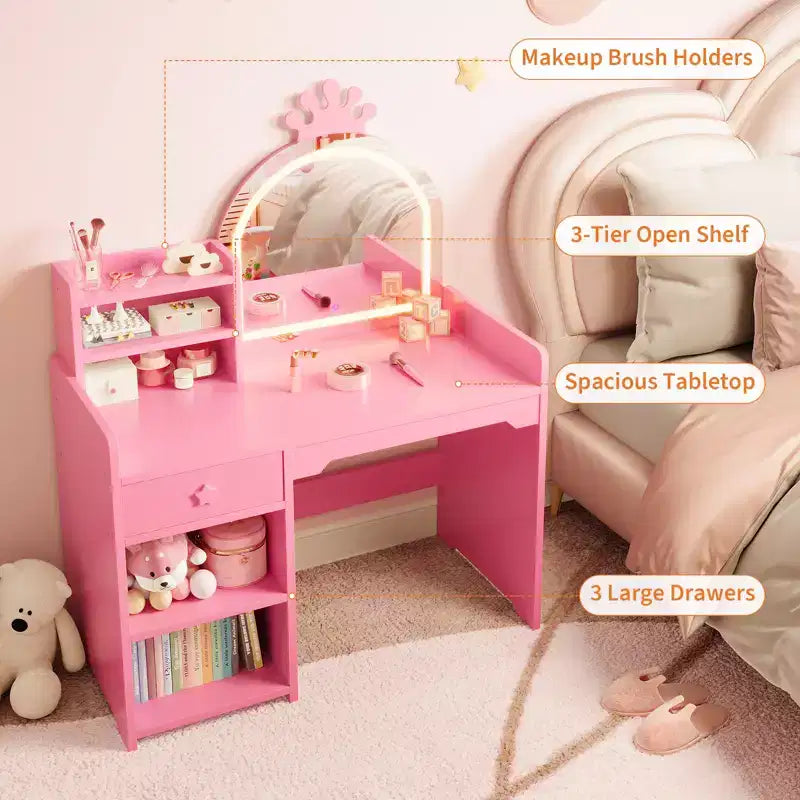 Tavolo da Trucco per Bambini e Set di Sedie con Specchio a LED