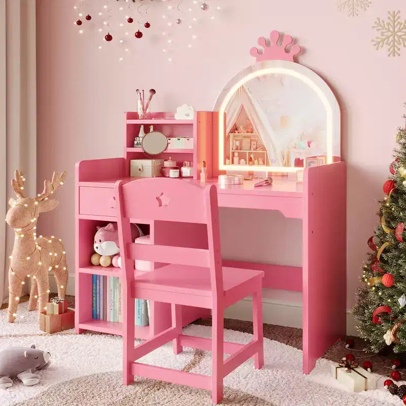 Tavolo da Trucco per Bambini e Set di Sedie con Specchio a LED