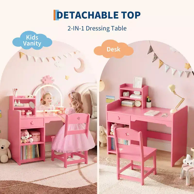 Tavolo da Trucco per Bambini e Set di Sedie con Specchio a LED