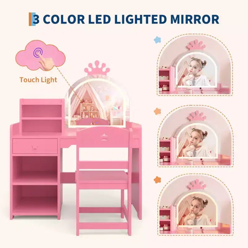 Tavolo da Trucco per Bambini e Set di Sedie con Specchio a LED