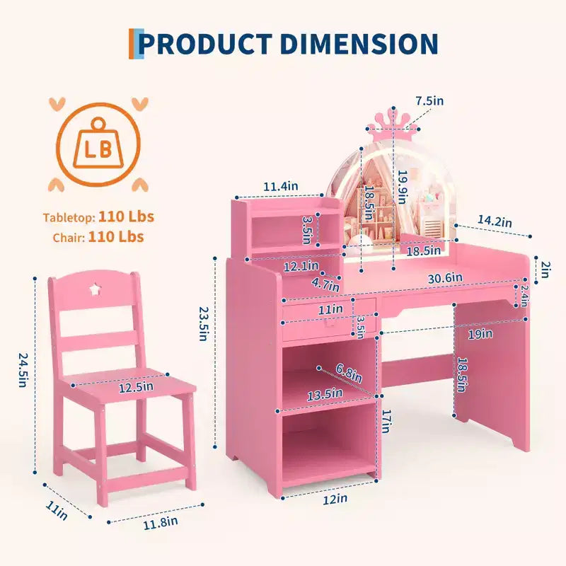 Tavolo da Trucco per Bambini e Set di Sedie con Specchio a LED