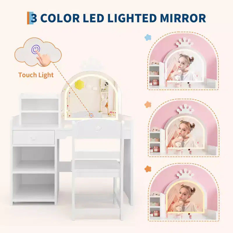 Tavolo da Trucco per Bambini e Set di Sedie con Specchio a LED