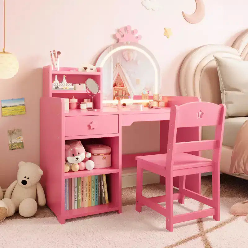 Kids Vanity Table with LED Lighted Crown Mirror, Princess Makeup Vanity Desk with Storage Drawers & Open Shelves, Vanity Set with Chair for Bedroom