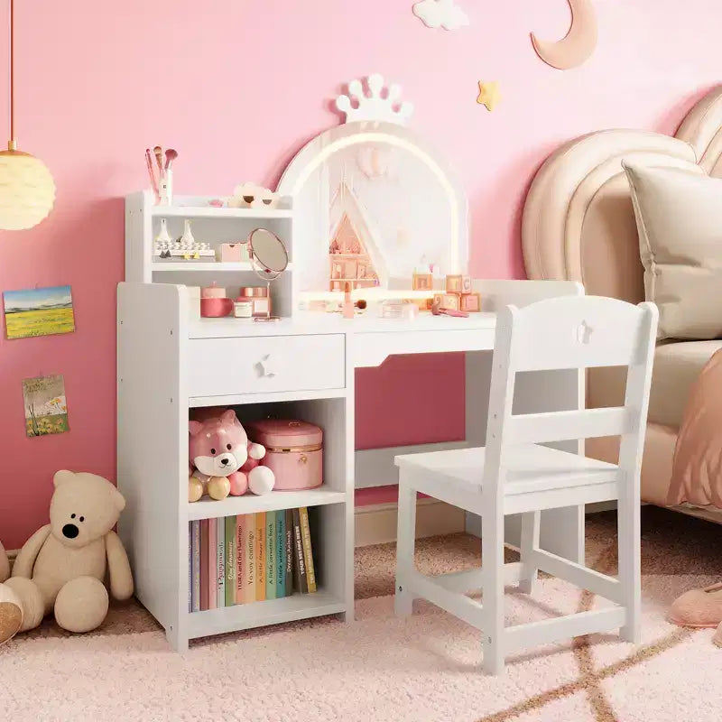 Tavolo da Trucco per Bambini e Set di Sedie con Specchio a LED