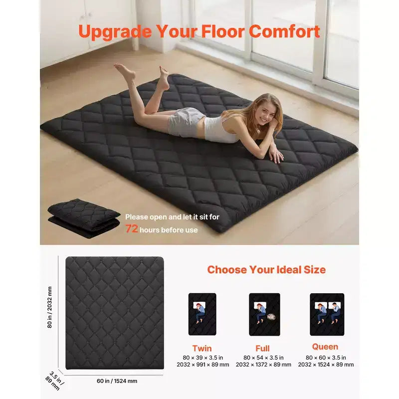 Materassino Tatami Giapponese, Misura Queen, Materasso Pieghevole da Pavimento con Borsa per il Trasporto, 9 Strati di Schiuma, 80 x 60 x 3,5 pollici, Nero