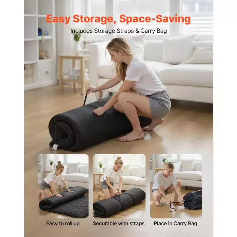 Materassino Tatami Giapponese, Misura Queen, Materasso Pieghevole da Pavimento con Borsa per il Trasporto, 9 Strati di Schiuma, 80 x 60 x 3,5 pollici, Nero