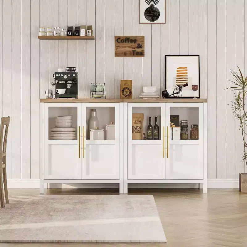 Mobiletto credenza con ante in vetro da 74 cm, per cucina, salotto e sala da pranzo, bianco