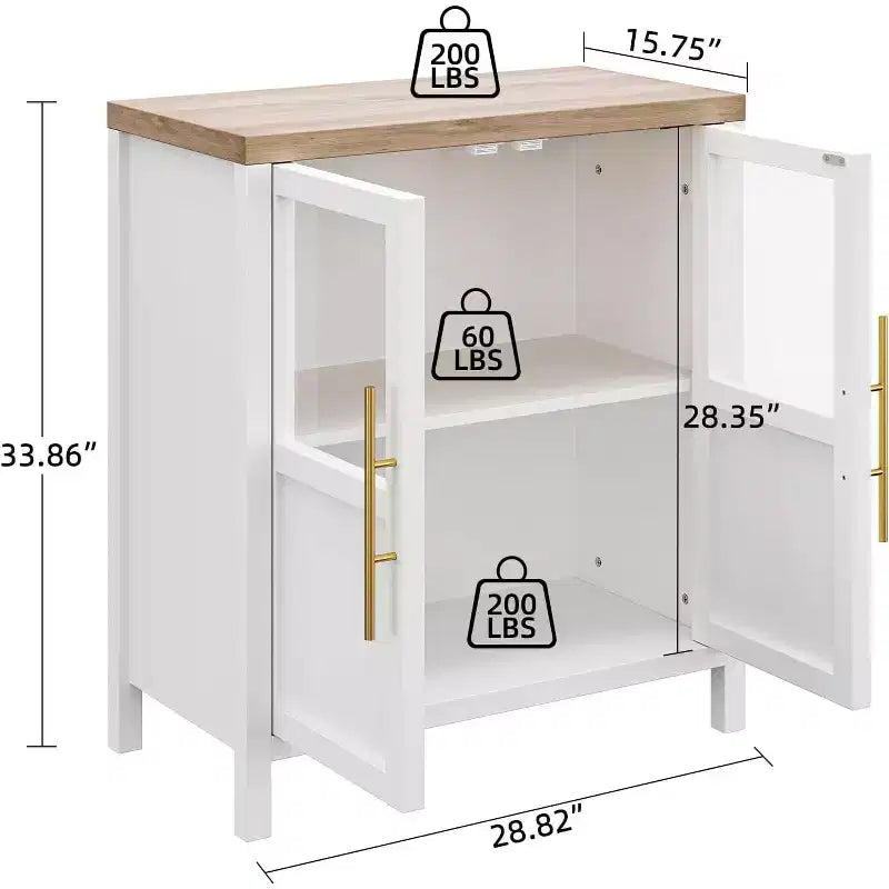 Mobiletto credenza con ante in vetro da 74 cm, per cucina, salotto e sala da pranzo, bianco