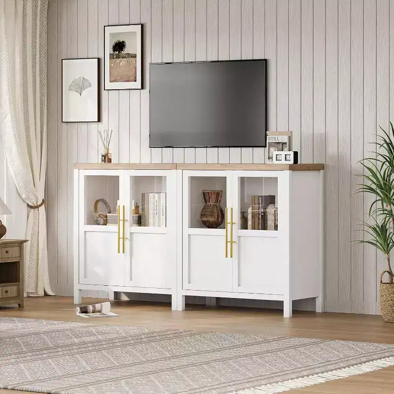 Mobiletto credenza con ante in vetro da 74 cm, per cucina, salotto e sala da pranzo, bianco