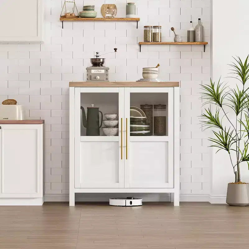Mobiletto credenza con ante in vetro da 74 cm, per cucina, salotto e sala da pranzo, bianco