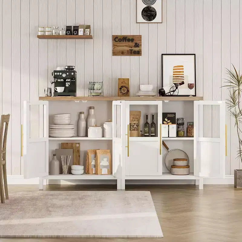 Mobiletto credenza con ante in vetro da 74 cm, per cucina, salotto e sala da pranzo, bianco