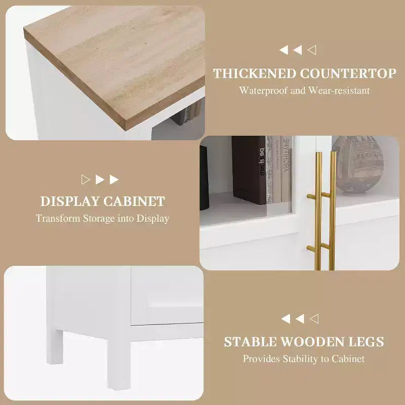Mobiletto credenza con ante in vetro da 74 cm, per cucina, salotto e sala da pranzo, bianco