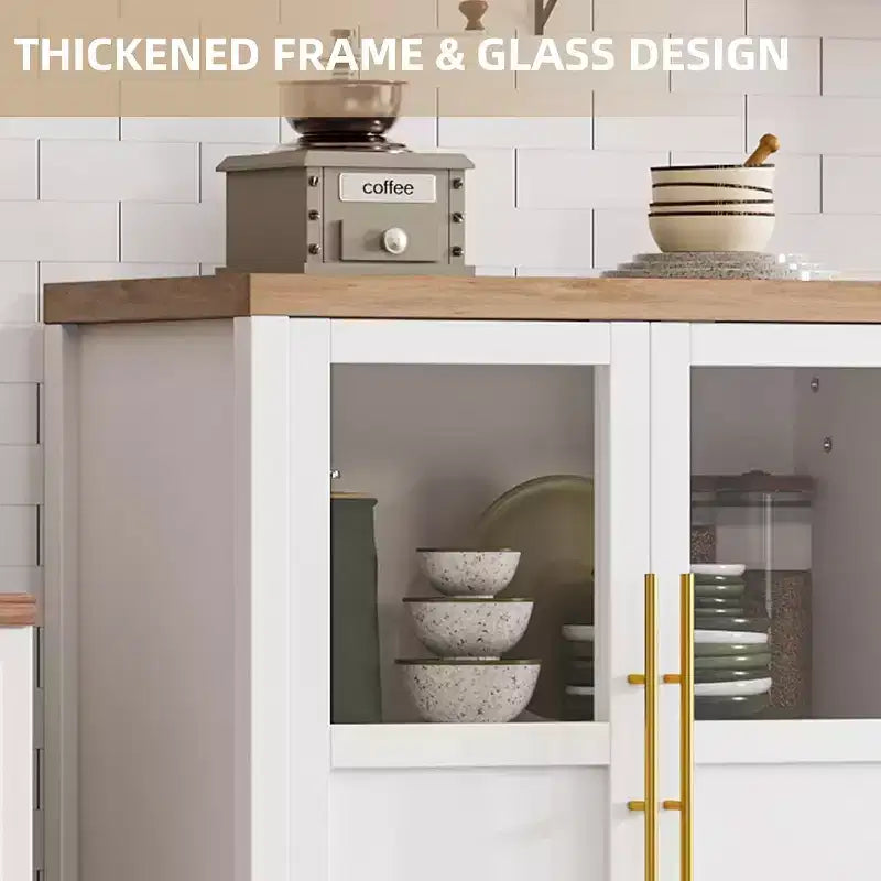 Mobiletto credenza con ante in vetro da 74 cm, per cucina, salotto e sala da pranzo, bianco