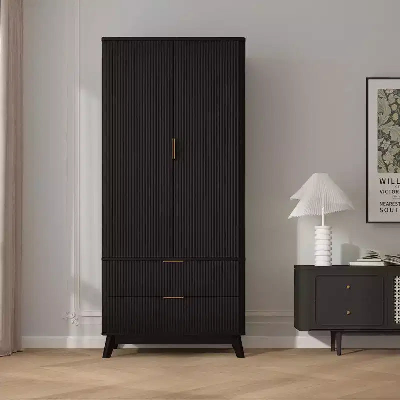 Wood Wardrobe Closet, 71 Wood Bedroom Armoire with 2 Doors, 1 Adjustable Shelf and 2 Drawers, Wardrobe Cabinet with Hanging Rod for Bedroom
