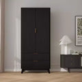 Wood Wardrobe Closet, 71 Wood Bedroom Armoire with 2 Doors, 1 Adjustable Shelf and 2 Drawers, Wardrobe Cabinet with Hanging Rod for Bedroom
