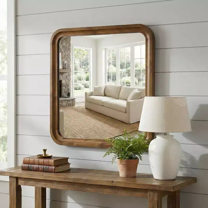 Specchio da parete con cornice in legno - Finitura noce, 80 cm quadrato