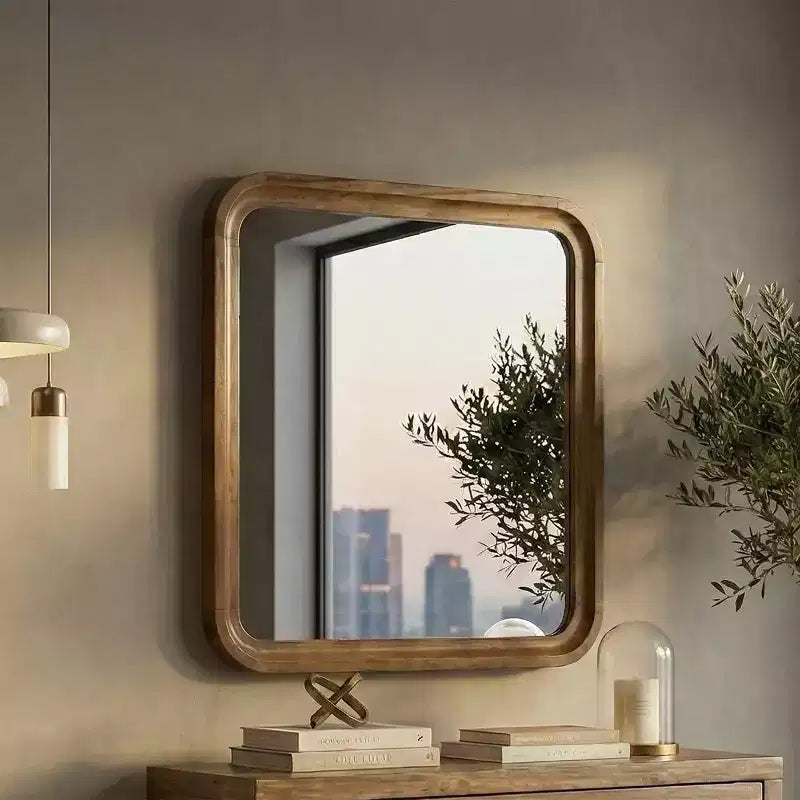 Specchio da parete con cornice in legno - Finitura noce, 80 cm quadrato