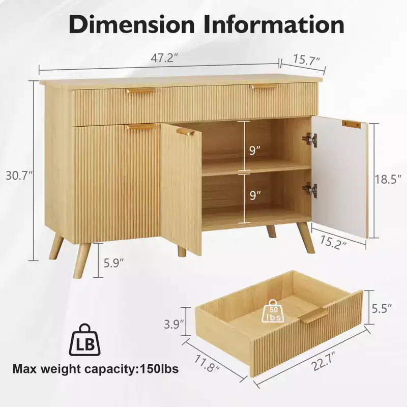 Madia/Credenza con due cassetti e tre ante, design a onde scanalate