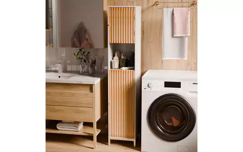 AMMER 65-Inch Tall Bathroom Storage Cabinet Slim Tall Cabinet With Bamboo Slatted Doors for Living Rooms, Kitchens, dnd Bathrooms - Natural/White