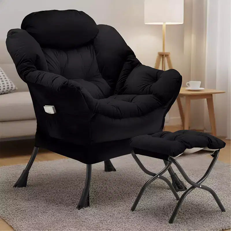 Poltrona in velluto con pouf pieghevole, struttura in legno, borsa portaoggetti laterale, nera