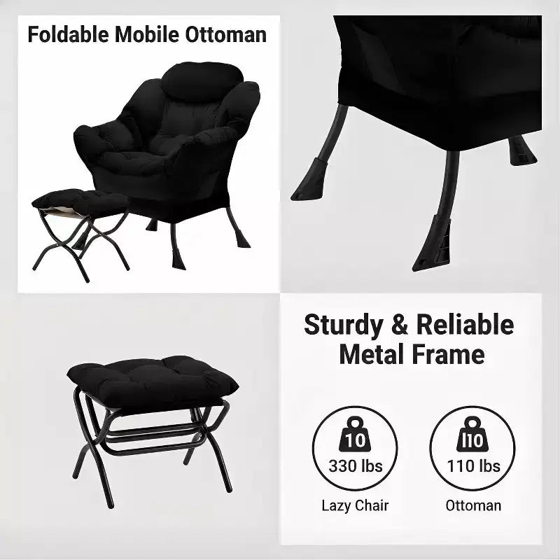 Poltrona in velluto con pouf pieghevole, struttura in legno, borsa portaoggetti laterale, nera