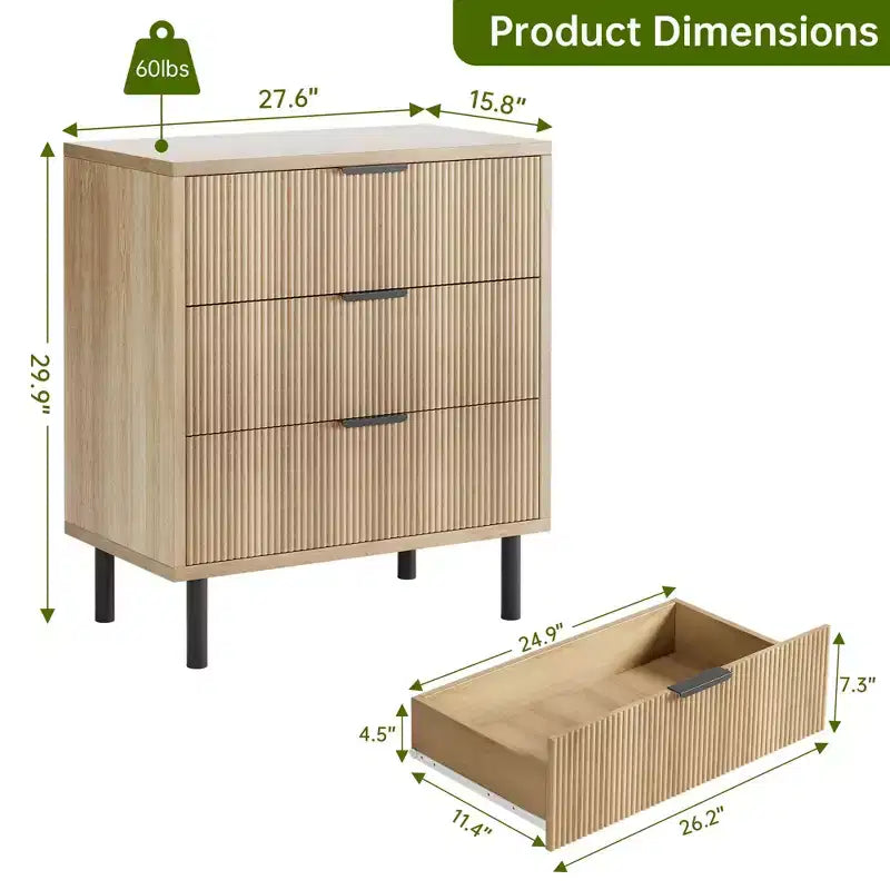 Cassettiera scanalata a 3 cassetti – Cassettiera in legno per camera da letto, ingresso e piccoli spazi