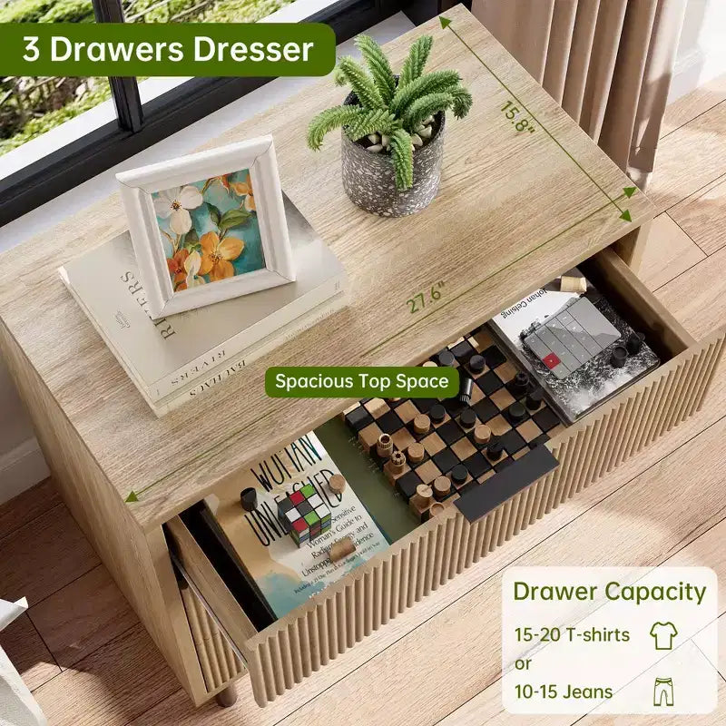 Cassettiera scanalata a 3 cassetti – Cassettiera in legno per camera da letto, ingresso e piccoli spazi