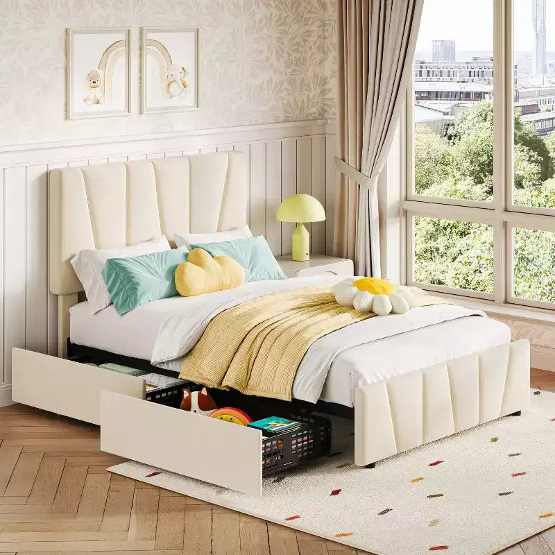 Versatile Upholstered Platform Bed Frame, Adjustable Headboard, Wooden Slats Support, No Box Spring Needed, Integrated Storage Drawers