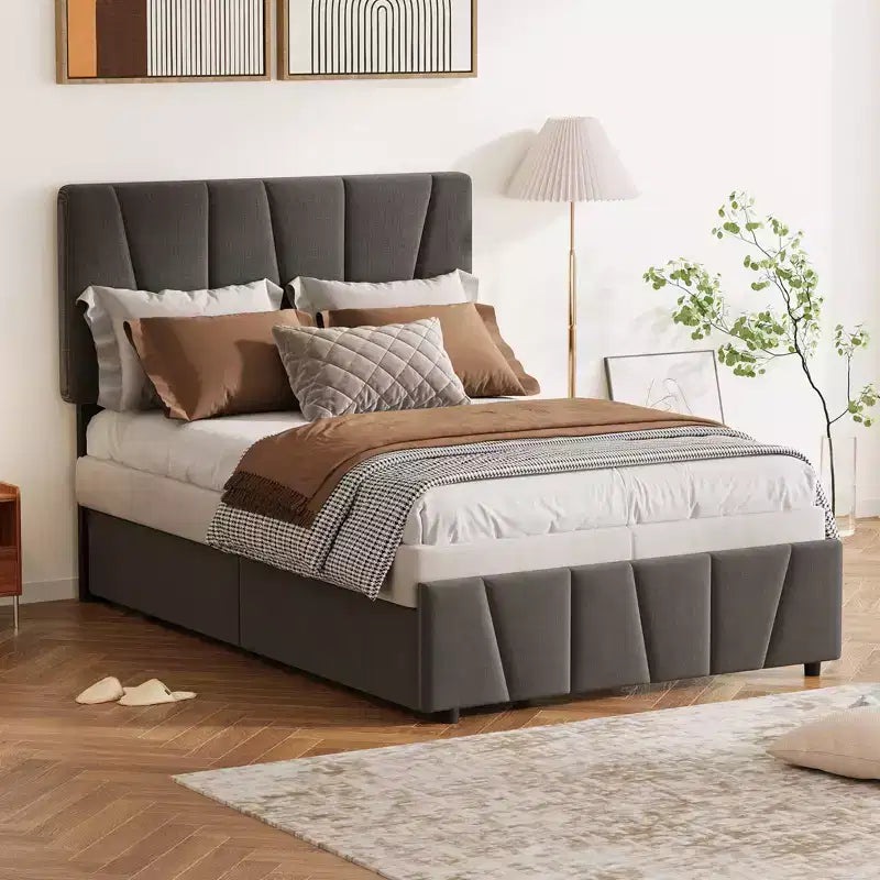 Struttura Letto Imbottita con Testiera Regolabile e Cassetti Contenitore