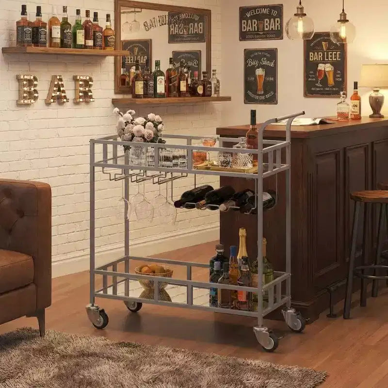 Carrello Bar Portatile a 2 Ripiani con Specchio, Portabottiglie e Portabicchieri