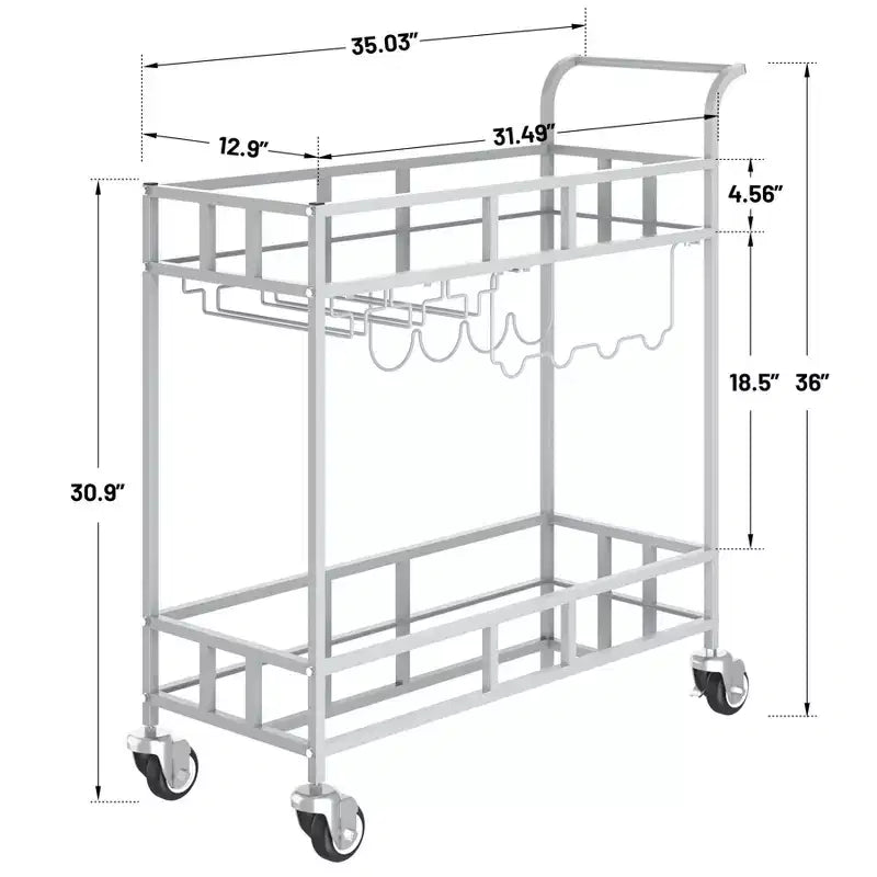 Carrello Bar Portatile a 2 Ripiani con Specchio, Portabottiglie e Portabicchieri